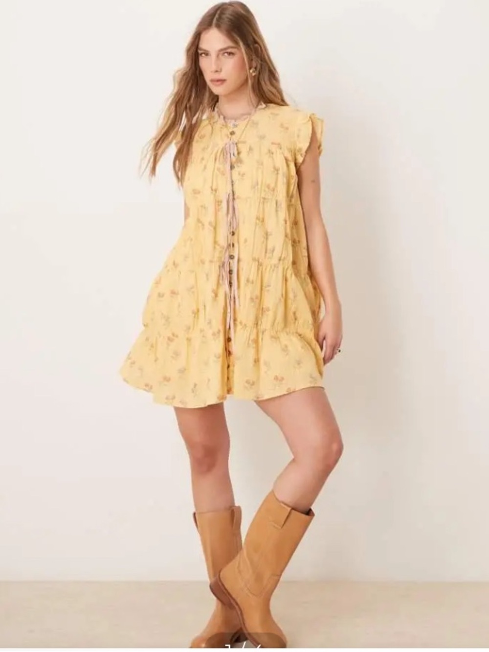 Free People sundown ditsy print smock mini dress in yellow NWOT - Picture 3 of 9